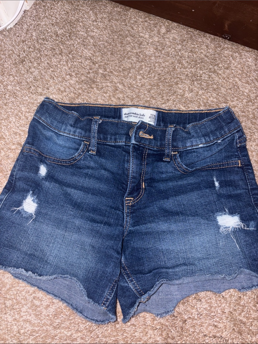 abercrombie kids navy blue distressed denim shorts